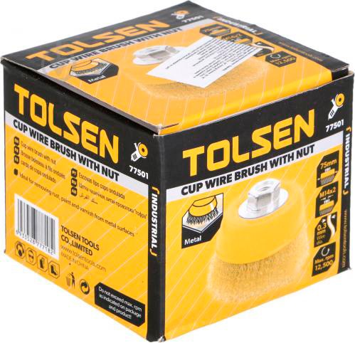 Щетка чашка Tolsen (77501) М14 75мм из гофрированной латунированной проволоки 0.3мм - фото №1