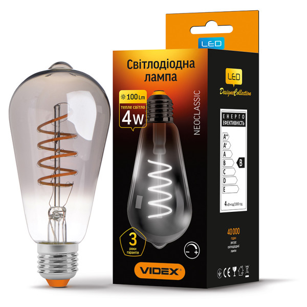 Диммована філаментна лампа Videx Filament ST64FGD E27 4Вт 2100K (VL-ST64FGD-04272) графіт - фото №1
