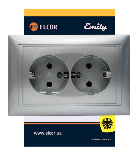 Двойная розетка Elcor Emily 9215 (211572) с заземлением (серый металлик) - фото №1