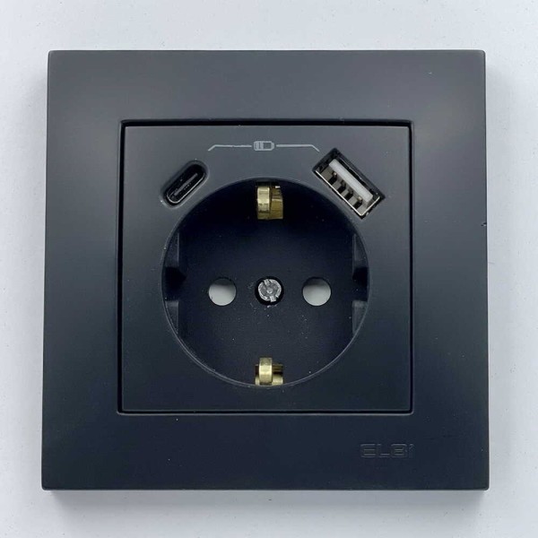 Розетка EL-BI VEGA черный мат 1-я с заземлением + 2USB (Type C+A) 2A ( 510-014800-334 ) - фото №1