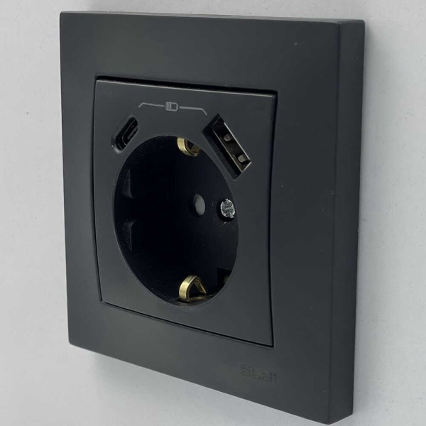Розетка EL-BI VEGA черный мат 1-я с заземлением + 2USB (Type C+A) 2A ( 510-014800-334 ) - фото №3