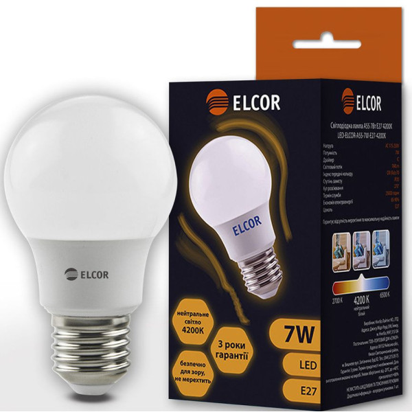 Светодиодная LED лампа ELCOR 534305 Е27 А55 7Вт 760Лм - фото №1