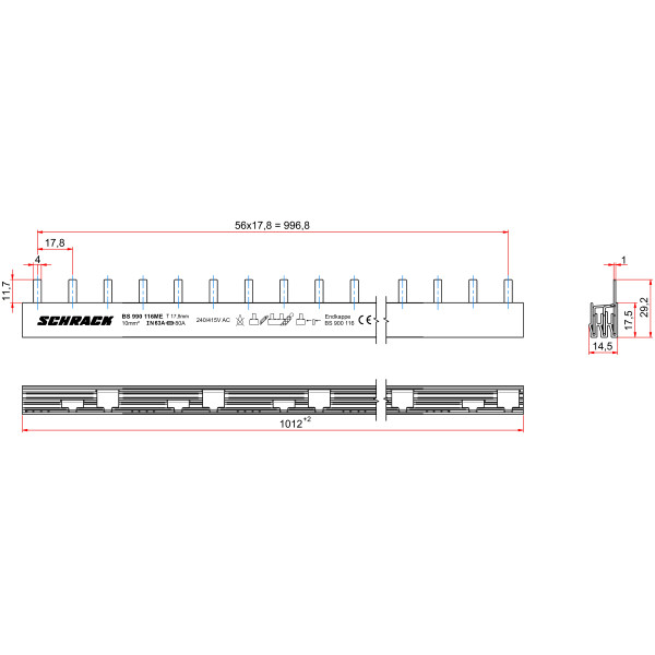 Необламываемая штырьковая сборная шина Schrack BS990116ME 3P 10мм² - фото №2