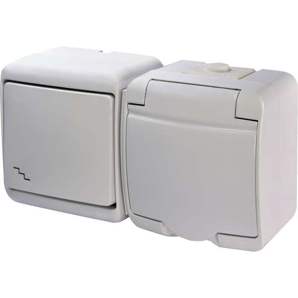 Горизонтальный блок лестничный выключатель+розетка Eti Hermetics VRHH-3s с з/к белая (4668035)