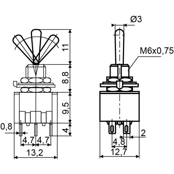 Тумблер Аско-Укрем MTS-203 ON-OFF-ON с фиксацией (A0140060018) - фото №2