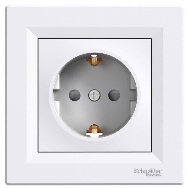 Розетка одинарная с заземлением с защитными шторками белая Asfora