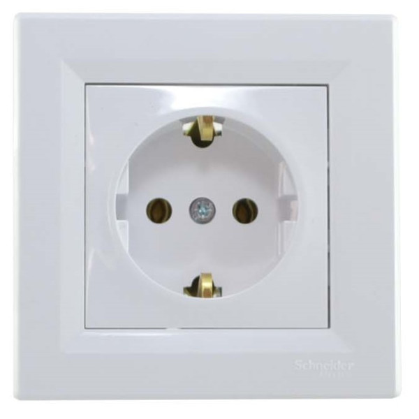 Розетка одинарная с заземлением с защитными шторками белая Asfora - фото №1