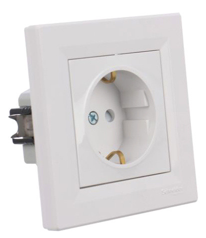 Розетка одинарная с заземлением с защитными шторками белая Asfora - фото №3