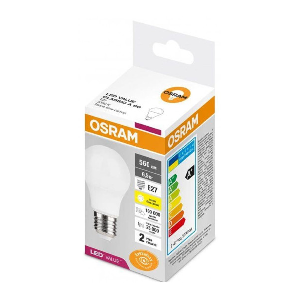 Світлодіодна лампочка Osram 4058075623040 Led Value CL E27 6,5W/830 3000K 560Lm A60 230V FR