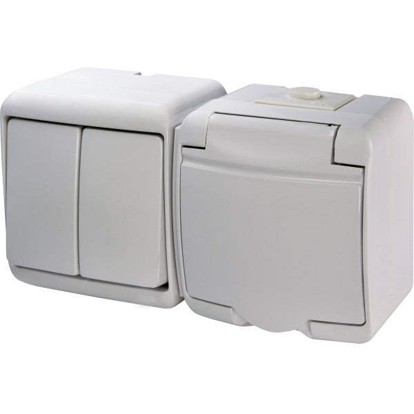 Горизонтальний блок 2-клавішний вимикач+розетка Eti Hermetics VRHH-2s із з/к біла (4668033)