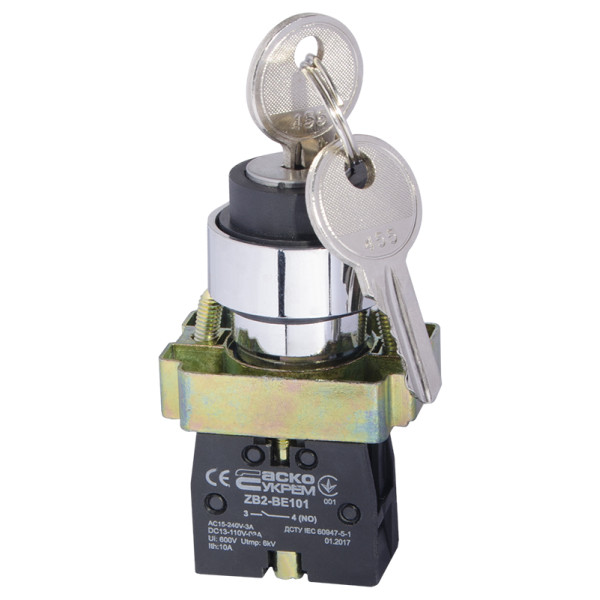 Кнопка поворотная 2-позиционная Аско-Укрем XB2-BG21 (0-I) с ключом (A0140010009) - фото №1