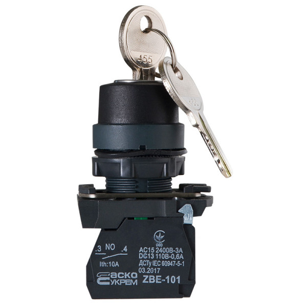 Кнопка поворотная 2-позиционная Аско-Укрем TB5-AG41 (0-I) с ключом (A0140010154) - фото №4