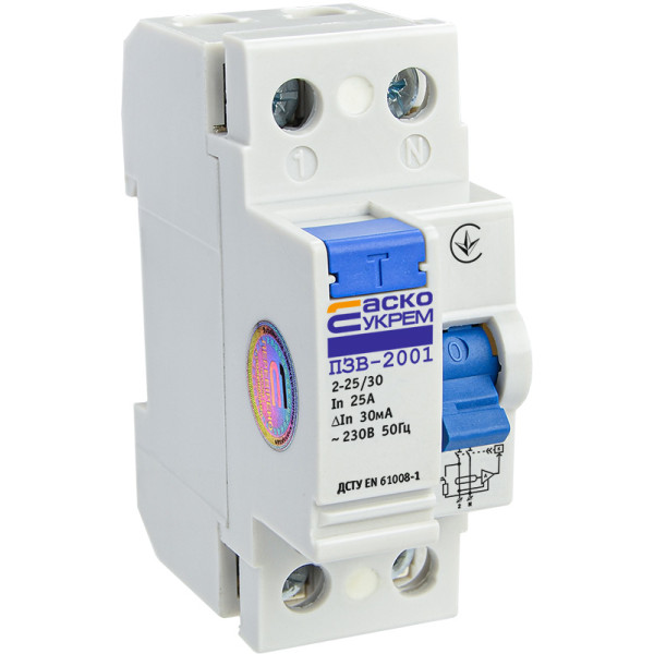 Пристрій захисного відключення Аско-Укрем ПЗВ-2001 1Р+N 25А 30мА (A0020010003) - фото №2