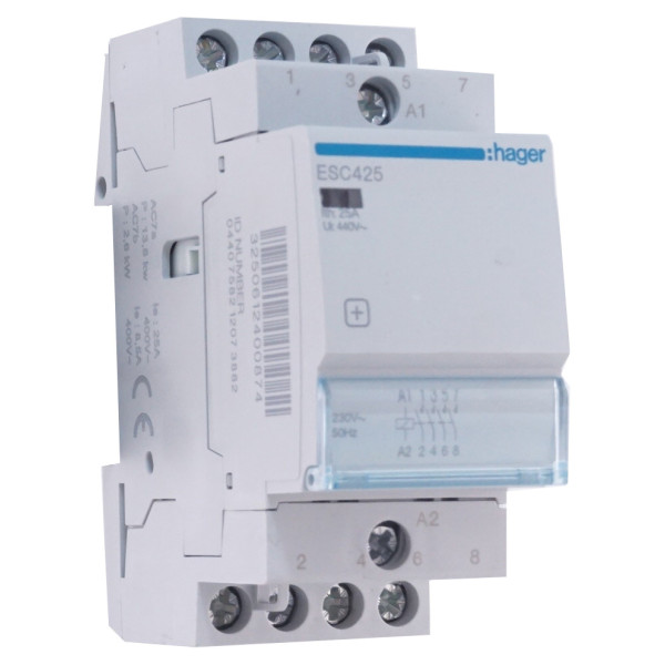 Контактор 25A ESC425S бесшумный (4НО, 230В) 2м Hager