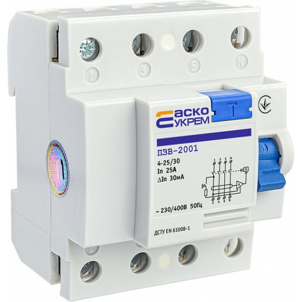 Пристрій захисного відключення Аско-Укрем ПЗВ-2001 3P+N 25А 30мА (A0020010012) - фото №2