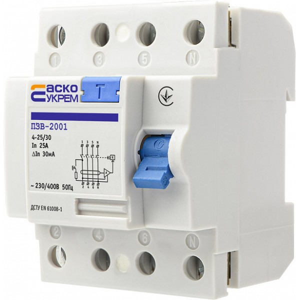 Пристрій захисного відключення Аско-Укрем ПЗВ-2001 3P+N 25А 30мА (A0020010012) - фото №3