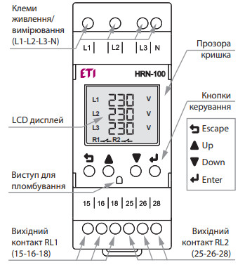 Багатофункціональне реле контролю фаз ETI HRN-100 3F 2x5A AC1 (2470303) - фото №2