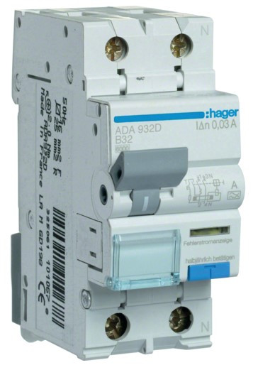 Диференційний автомат Hager ADA932D B 32A 1P+N 6кА 30мА A