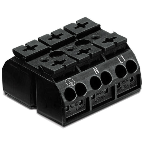 Клема самозатискна З-х полюсна PE-N-L1 на 12 проводів WAGO 862-1503 32А 4мм чорна