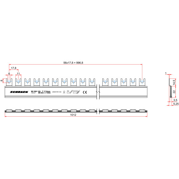 Шина з U-подібними висновками Schrack BS990129 16мм² 1 метр для збирання L1+L3 - фото №2