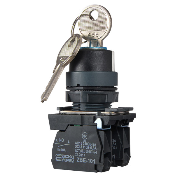 Кнопка поворотная 3-позиционная Аско-Укрем TB5-AG33 (I-0-II) с ключом (A0140010155) - фото №2