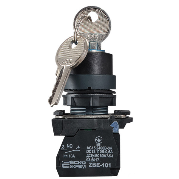 Кнопка поворотная 3-позиционная Аско-Укрем TB5-AG33 (I-0-II) с ключом (A0140010155) - фото №3