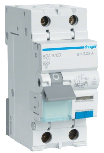 Диференційний автомат Hager ADA970D C 20A 1P+N 6кА 30мА A