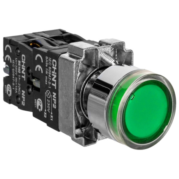 Кнопка Chint NP2-BW3365 230В AC/DC IP40 1NO+1NC зелена (574365)