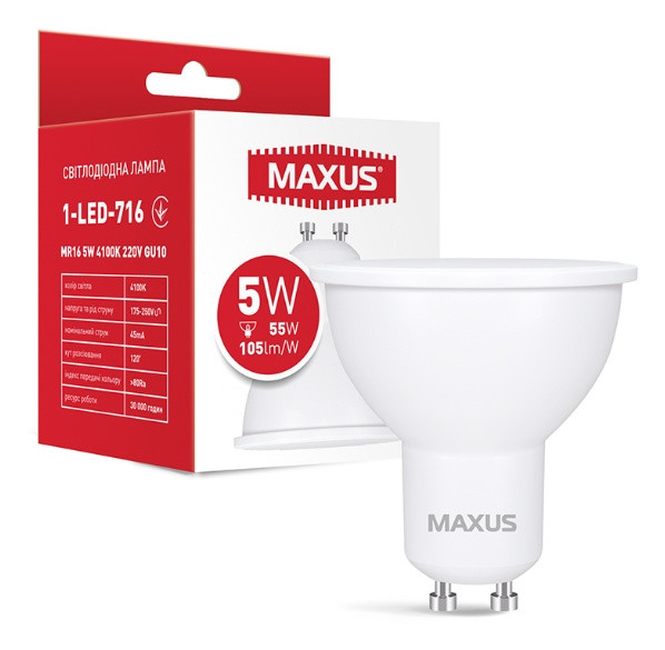 Светодиодная лампа Maxus MR16 GU10 5Вт 4100K 220В (1-LED-716) - фото №1