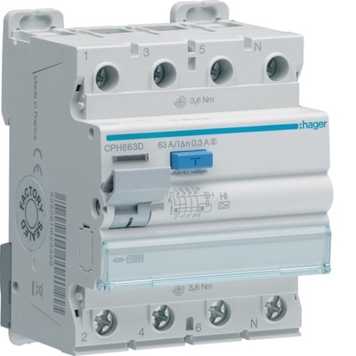Пристрій захисного відлючення Hager CPH663D 4P 10кА 63A 300мА A-Hi S
