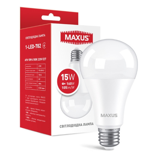Світлодіодна лампа груша Maxus A70 15Вт 4100K 220В E27 (1-LED-782) - фото №1