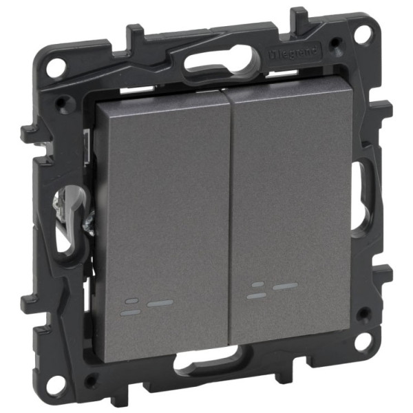 Двоклавішний вимикач Legrand Niloe Step 10А затискний механізм з підсвіткою сталь (863415)