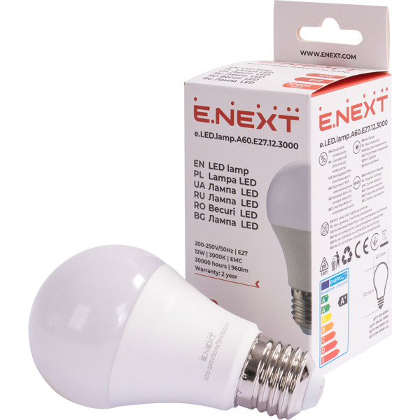 Светодиодная лампа E.Next e.LED.lamp.A60.E27.12.3000 12Вт 3000К (l0650603) - фото №1