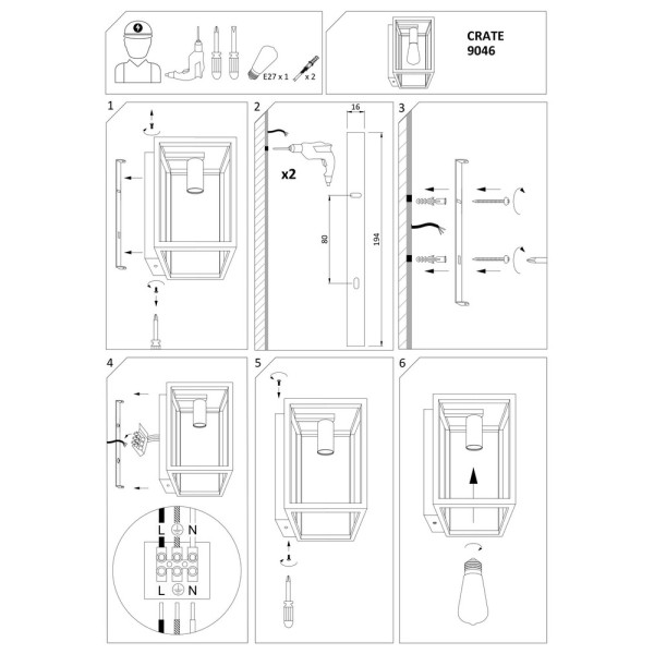 Бра, настінний світильник Nowodvorski 9046 Crate E27 1x25W IP20 чорний - фото №2