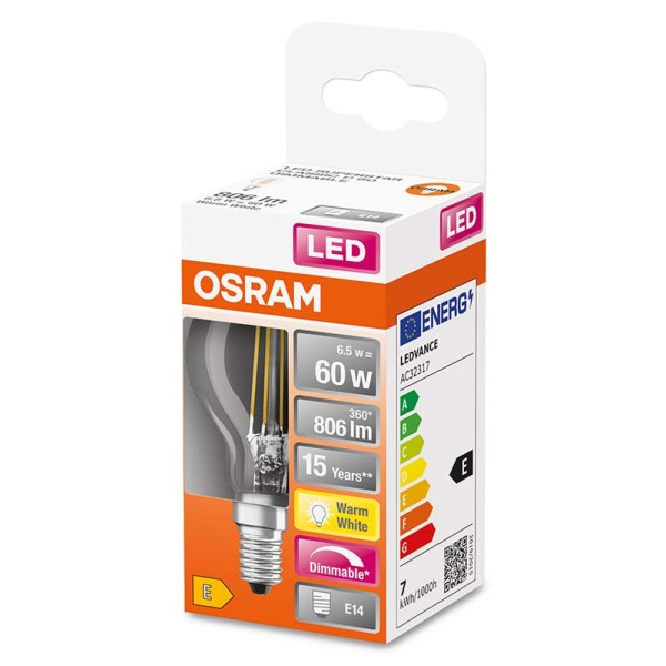 Диммируемая лампа Osram LED CL P60 DIM 6,5W/827 230V FIL E14 10x1 (4058075447875) - фото №1
