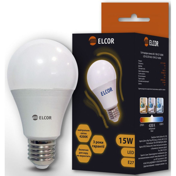Світлодіодна LED лампа ELCOR 534309 Е27 А65 15Вт 1280Лм - фото №1