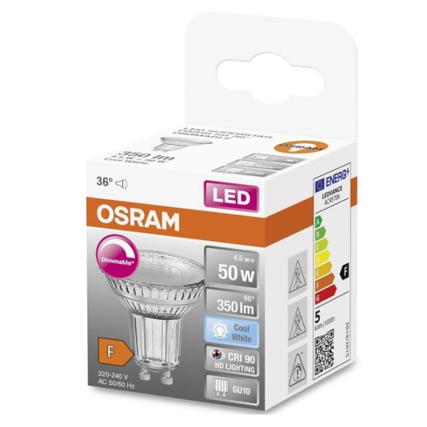 Светодиодная лампа Osram LED PAR16 DIM 50 36 4,5Вт/940 GU10 6х1 - фото №1