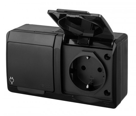 Розетка накладна 2-місна з кришкою чорна Elektro-Plast Hermes IP44, 0325-09 - фото №1