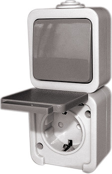 Одинарна розетка E.Next e.dew.1237.gr.blister з перемикачем та з/к IP44 (p044011)