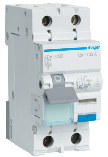 Диф автомат Hager ADA975D C 25A 1P+N 6кА 30мА A