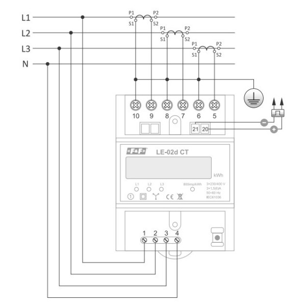 Трифазний лічильник енергоспоживання F&F LE-02D-CT 3х230/400В 3х5А - фото №3