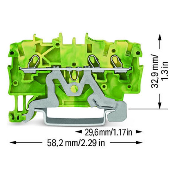 Клемма заземления Wago 2000-1307 для DIN-рейки 35х15 и 35х7,5 Push-in Cage Clamp® Ex e II (желто-зеленая) - фото №1