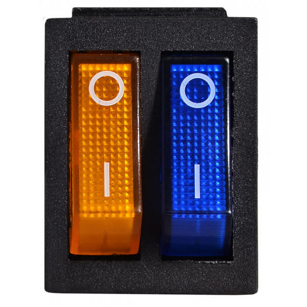 Переключатель Аско-Укрем KCD2-2101N BL+YL/B (0-I) с подсветкой 2-х клавишный желтый+синий (A0140040112) - фото №1