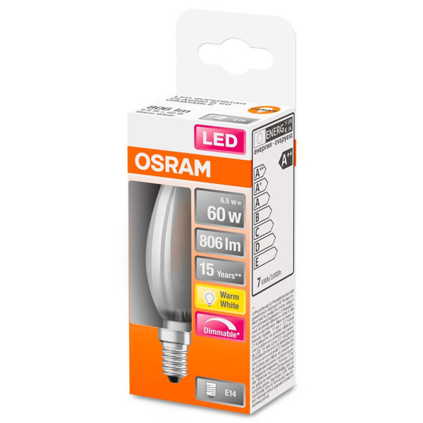 Филаментная диммируемая лампа Osram LED CL B60 DIM 6,5W/827 230V GL FR E14 10X1 (4058075434486) - фото №1