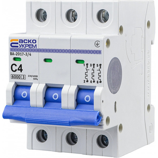 Модульный автоматический выключатель Аско-Укрем ВА-2017/C 3р 4А (A0010170041) - фото №3