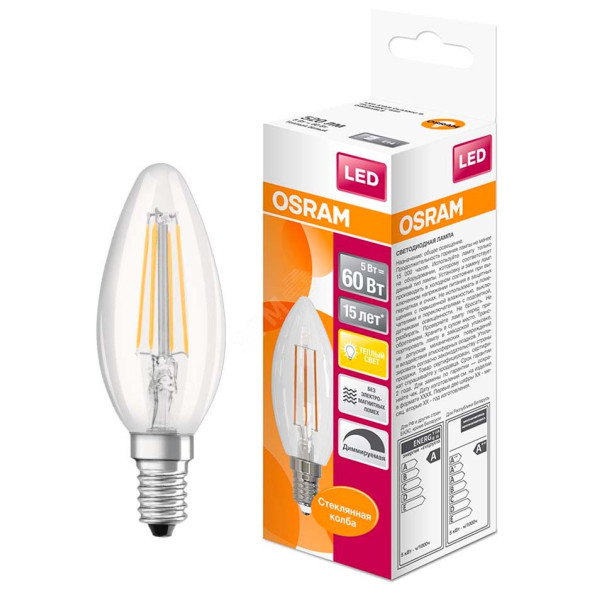 Диммируемая лампа Osram LS CL B60 DIM 5W/827 230V FIL E14 w.o. CE (4058075230354) - фото №1