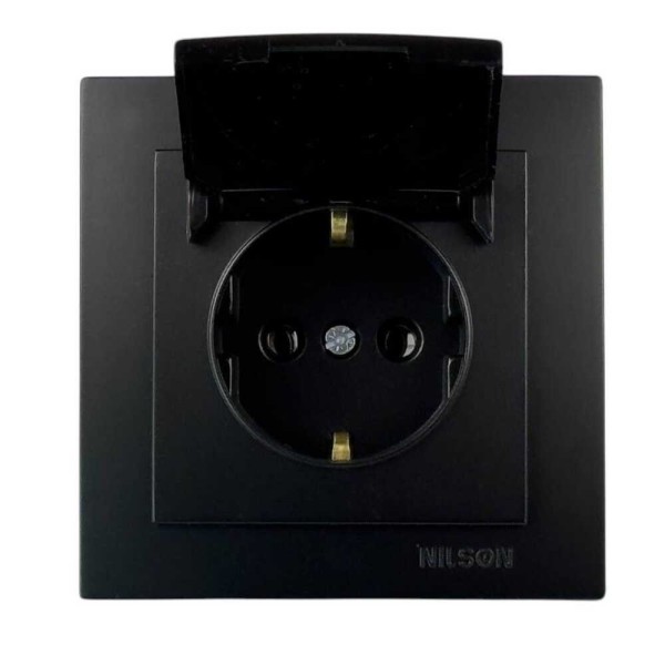 Розетка Nilson Touran черная мат 1-я с заземлением с крышкой ( 24381018 )