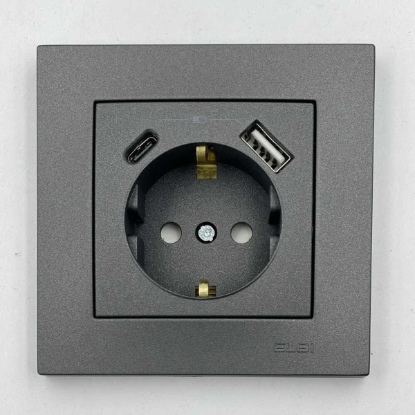 Розетка EL-BI VEGA антрацит матовый 1-я с/з + 2USB (Type C+A) 3A ( 510-016700-347 )