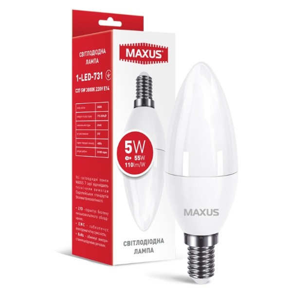 Светодиодная лампа свеча Maxus C37 5Вт 3000K 220В E14 (1-LED-731) - фото №1