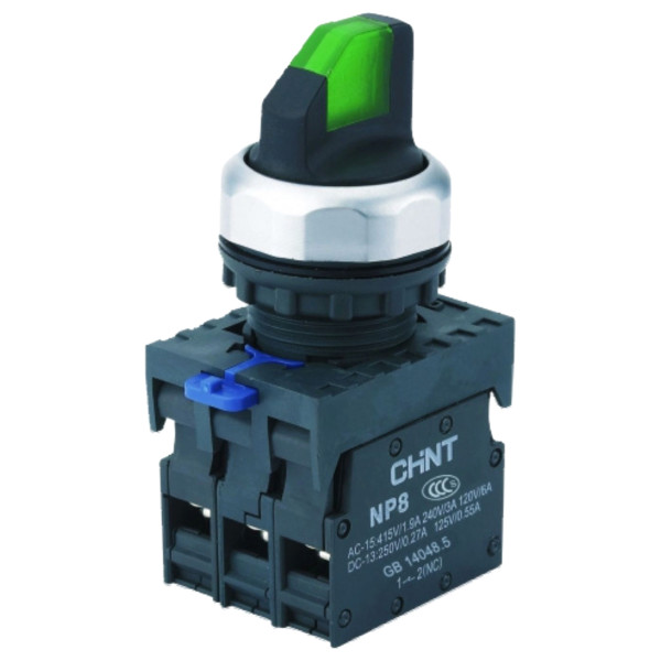 Переключатель Chint NP8-11XD/213 1NO+1NC AC 110В-230В 2 положения с подсветкой с фиксацией зеленая IP65 (667149)
